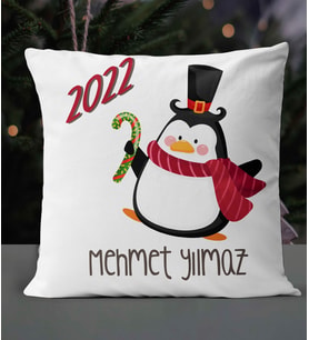 Kişiye Özel Mutlu Yıllar Penguen Temalı Saten Kare Yastık (Beyaz)
