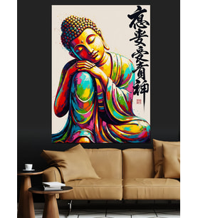 Gökkuşağı Renklerinde Oturan Buddha Dekoratif Kanvas - Mdf Ahşap Tablo