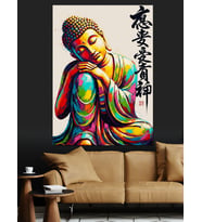 Gökkuşağı Renklerinde Oturan Buddha Dekoratif Kanvas - Mdf Ahşap Tablo