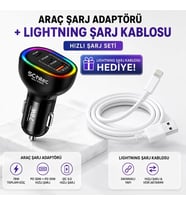 Schitec 3 Portlu Araç Şarj Aleti ve 67W UsbA to Lightning Data ve Hızlı Şarj Kablosu 1M Beyaz HEDİYE