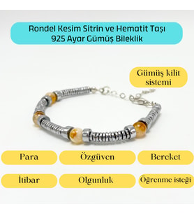Sertifikalı Rondel Kesim Sitrin ve Hematit  925 Ayar Doğal Taş Gümüş Bileklik 6mm
