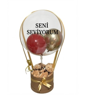 gold bordo peluş ayıcık ve kişiselleştiriliebilir balonlu süs kutusu