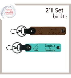 Patisini Hiç Bırakmayanlara, Kedi Temalı, Kişisel İsimli Anahtarlık Takımı, Açık Kahve-Turkuaz
