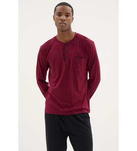 %100 Pamuk Yeni Sezon Erkek Düğme Yakalı Pijama Takımı (Bordo)