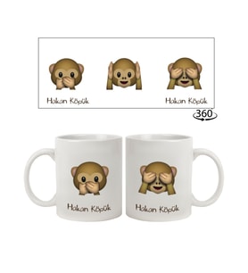 İsme Özel Üç Maymun Emojili Kupa Bardak (Beyaz)