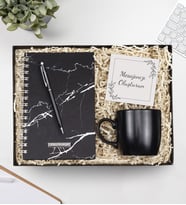 Kişiye Özel Siyah Touch Pen & Mermer Desenli Defter & Siyah Kupa Hediye Seti