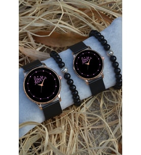 Siyah Rose Gold Hasır Çift Pembe Love Yazılı Saat Ve Bileklik Çift Sevgili Saatleri