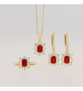 925 Ayar Gümüş Baget Kırmızı Taşlı Gold Anturaj Set