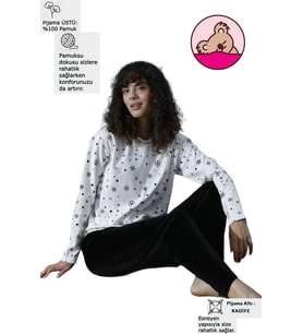 Kadın Bisiklet Yaka İnterlok Pamuklu Üst Kadife Alt Kışlık Pijama Eşofman Takımı (Siyah)