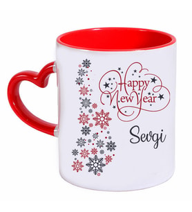 Biresimden Happy New Year İsimli Yılbaşı Yeni Yıl Hediyesi Kalp Kulplu Kupa Bardak (Beyaz - Kırmızı)