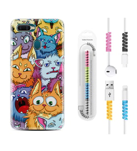 Oppo A5S A15 A16 A54 A55 A73 A74 Kılıf Kablo Koruma Spiral Silikon Kediler 1723
