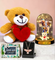 Kişiye Özel Led Işıklı Fanus & Anka Kuşu Kolye & Kalpli Peluş Ayıcık Seti (Model 3)