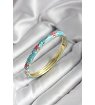 Mineli Pirinç Mavi Çiçek Desenli Gold Renk Kadın Kelepçe (çap 60 mm)