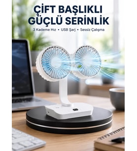 Sessiz Çalışan USB Şarjlı Çift Kafalı Masaüstü Fan – Ev ve Ofis İçin