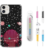 Apple iPhone 11 12 13 Mini Kılıf Kablo Koruma Spiral Silikon Space Woman 1311