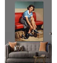 Motorsiklette Pin-Up Retro Kadın Dekoratif Kanvas - Mdf Ahşap Tablo