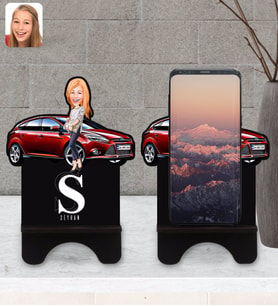 BK Gift Kişiye Özel Plakalı Kadın Ford Focus Karikatürlü Ahşap Biblo Telefon Standı-1