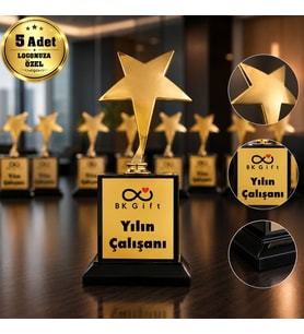 Logonuza Özel 5 Adet Mesajlı Gold Renk Yıldız Oskar Kurumsal Ödül Kupası 18 x 8 cm