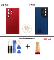 Samsung S22 Ultra Kırmızı Arka Pil Kapağı Batarya Kapağı Lazer Kesim + Yapıştırıcı ve Vida Seti
