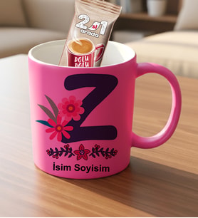Kişiye Özel İsimli ve Baş Harfli Pembe Kupa Bardak Hediye Ve Hediye Nescafe