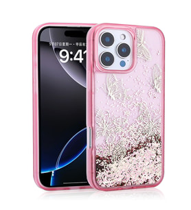 iPhone 14 Pro Max Kılıf Sıvılı Simli Kelebek Tasarım Şeffaf Liquid Glittery Silikon Kapak (Pembe)