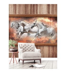 Dreamwall Ahşap Tablo Atlar Desenli Isı Ve Ses Yalıtımlı Sağlıklı Tekstil Duvar Kağıdı (Çok Renkli)
