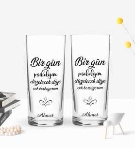 BK Gift Kişiye Özel Renkli Baskılı Bir Gün Psikolojim Tasarımlı İkili Rakı Bardağı Seti-1 (Beyaz)