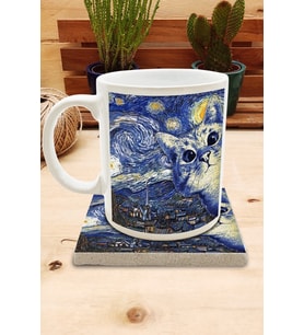 Kediler ve Sanat/Van Gogh Yıldızlı Gece The Starry Night Set 8 - Standart Kupa-Taş Bardak Altlığı 7