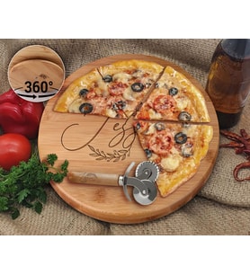 BK Gift Kişiye Özel İsimli Tarihli Bambu Ahşap Döner Tablalı Pizza Tahtası-1, Pizza Kesme Tahtası Seti, Şarküteri Tahtası, Servis Tepsisi, Ahşap Tabak, Eve Taşınma Hediyesi