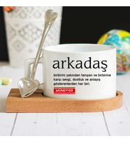 Arkadaş Anlamlı Ahşap Altlıklı Fincan Seti (Beyaz)