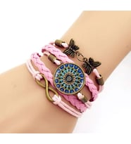 Bohem Tarz Örgülü Taşlı Kelebekli Sonsuzluk İşaretli Çoklu Vintage Kadın Bileklik (Pembe)