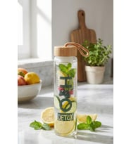 1 Lt Bambu Kapaklı Cam Detoks Matarası Süzgeçli Su Şişesi