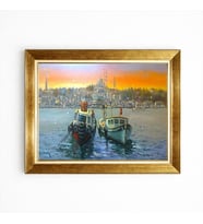 Tablore Altın Çerçeveli İstanbul Gün Batımı Ve Balıkçı Tekneleri Duvar Tablosu