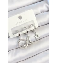 Mey İthalat® Pirinç Zirkon Taşlı Ay Ve Yıldız Model Gümüş Renk 3'lü Çift Kadın Küpe Set