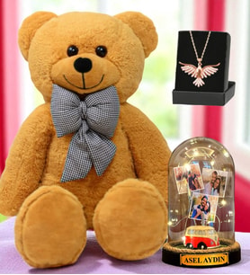 Büyük Boy Kahverengi Peluş Ayıcık, Size Özel Led Işıklı Fanus ve Zümrüdü Anka Kuşu Kolye (Model 6)