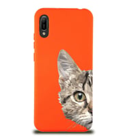 Huawei Y6 2019 Uyumlu Lansman Kılıf Catface Tasarımlı İçi Kadife Kapak-Turuncu (Şeffaf)