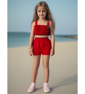 Kız Bebek Düz Renk Crop Şort Set (Kırmızı)