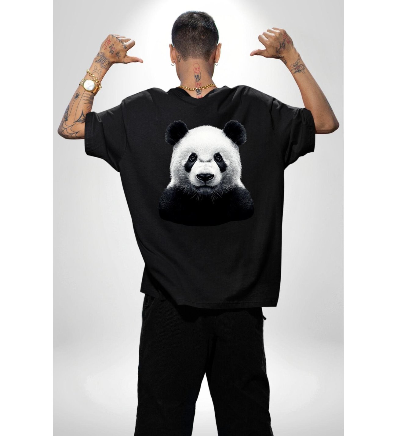 Siyah Beyaz Panda Siyah Oversize Kadın Erkek Ön ve Sırt Baskılı Tişört