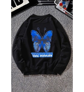 Unisex Butterfly Baskılı Bisiklet Yaka Sweatshirt (Siyah)