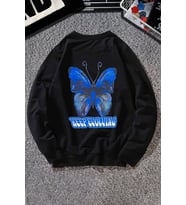 Unisex Butterfly Baskılı Bisiklet Yaka Sweatshirt (Siyah)
