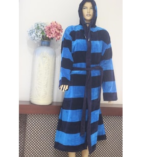 Ender Home Bornoz İplik Boya Kolonlu Kadife Uzun Kapşonlu Model Bornoz XL/XXL-Mavi-Lacivert