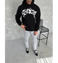 Erkek 3 İplik Pamuklu Kapüşonlu Baskılı Cepli Oversize Sweatshirt Hoodie - Siyah