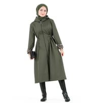 Leopar Detaylı Trençkot-Haki