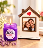 Kişiye Özel Fotoğraflı Ahşap Ev Çerçevesi ve El Yapımı Mor Kokulu Mum (ab1)