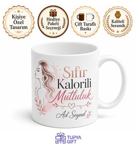 Sıfır Kalorili Mutluluk Yazılı İradeli Kadın Motivasyon Kupası Hediye Bardak