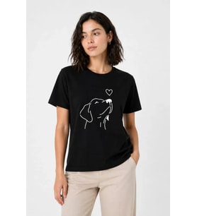 Köpek Figürlü Minimal Baskılı Tişört Kısa Kol Yazlık T-Shirt - Siyah