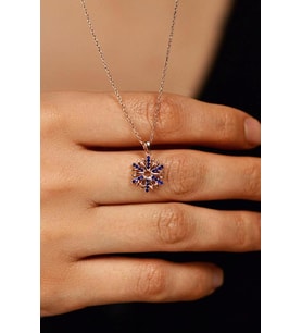 Safir Taşlı Rose Kar Tanesi Gümüş Kolye