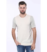Bisiklet Yaka Kenarları Desenli Krem Örme T-shirt  Wessi