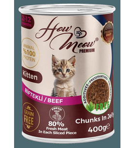 HOW MEOW 12 ADET JÖLELİ PARÇA ETLİ YAVRU KEDİ YAŞ MAMASI BİFTEKLİ 400 GRAM