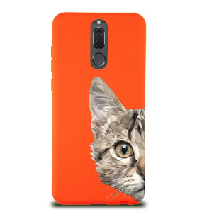 Huawei Mate 10 Lite Uyumlu Lansman Kılıf Catface Tasarımlı İçi Kadife Turuncu Kapak (Şeffaf)